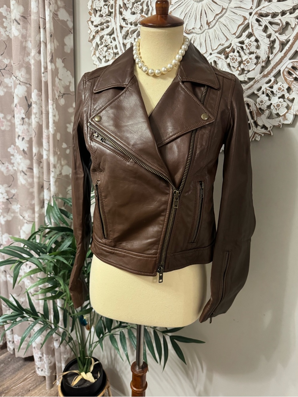 Fossil Leather Jacket Coat Women's Small S Brown Moto Zip Biker Full Zip Lined